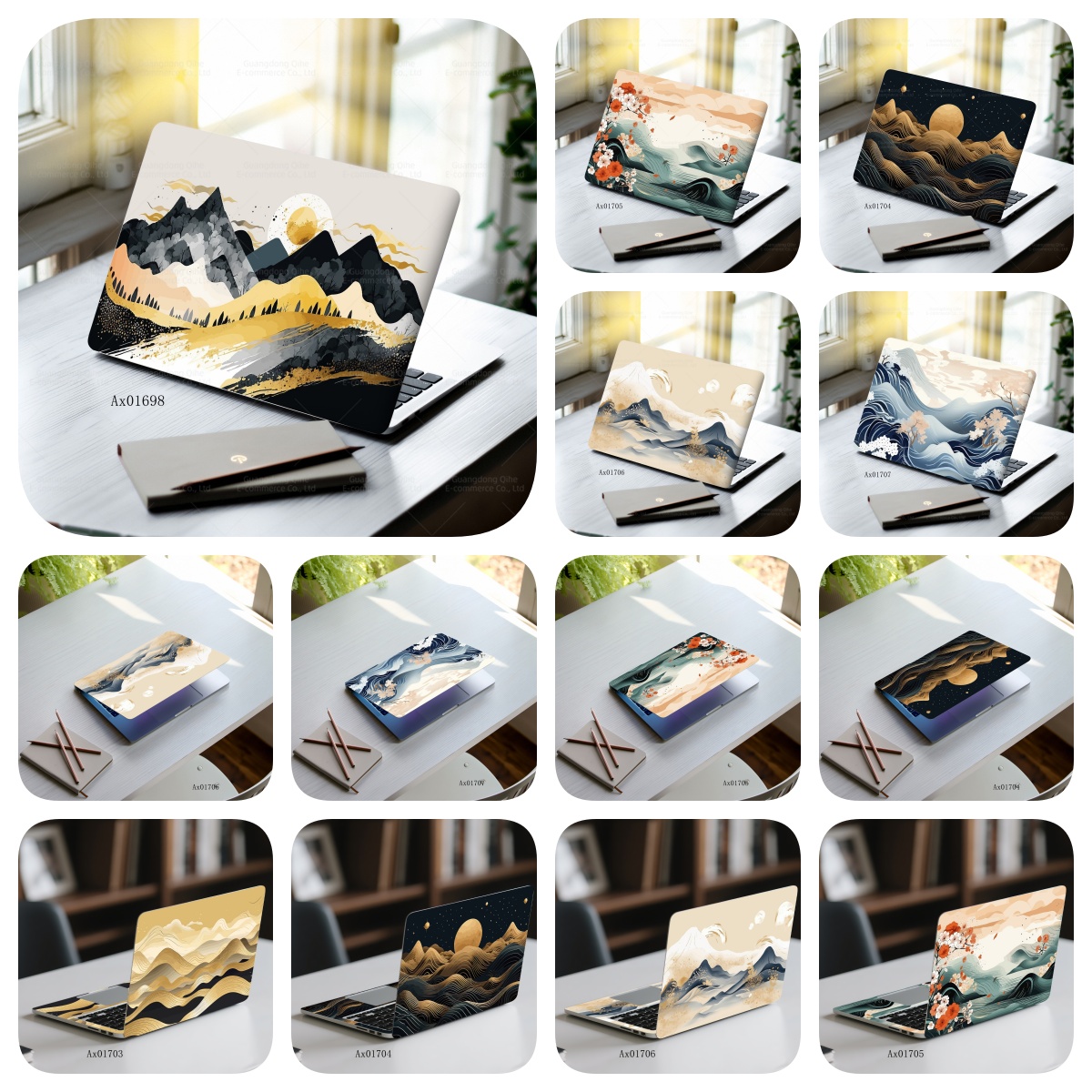 Art Craft Notebook - สติ๊กเกอร์ติดแล็ปท็อปลายคลื่นภูเขาแบบมินิมอล ลวดลายสีทอง ลอกออกได้ ติดเองได้ สำหรับ MacBook